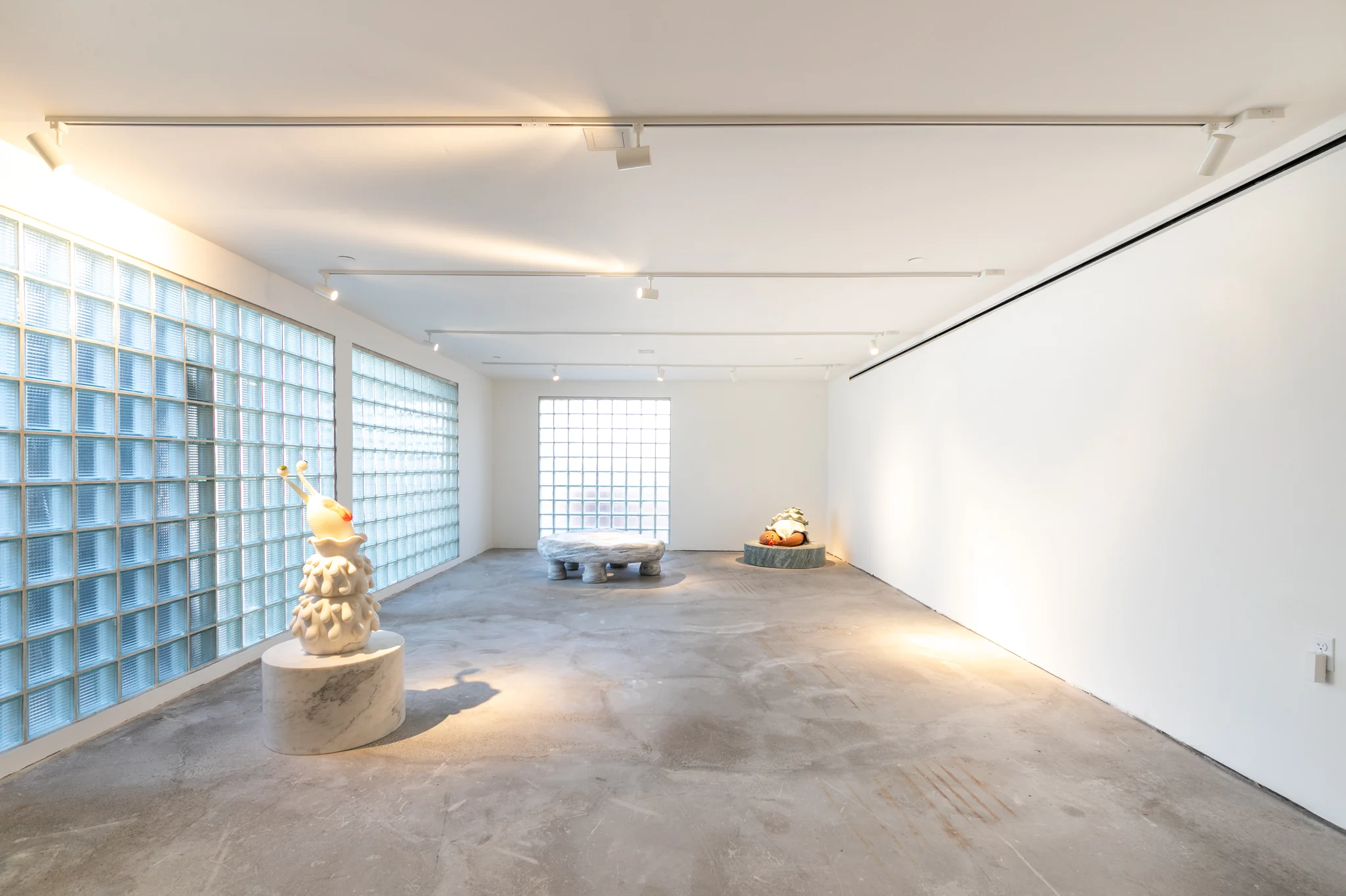 An interior room at 5514 Satsuma Avenue with a curved glass-block wall